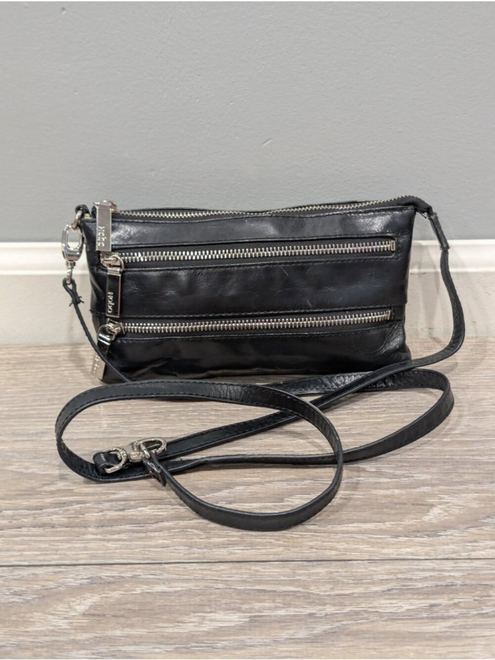 HOBO Black Leather Crossbody Bag with Silver Hardware
